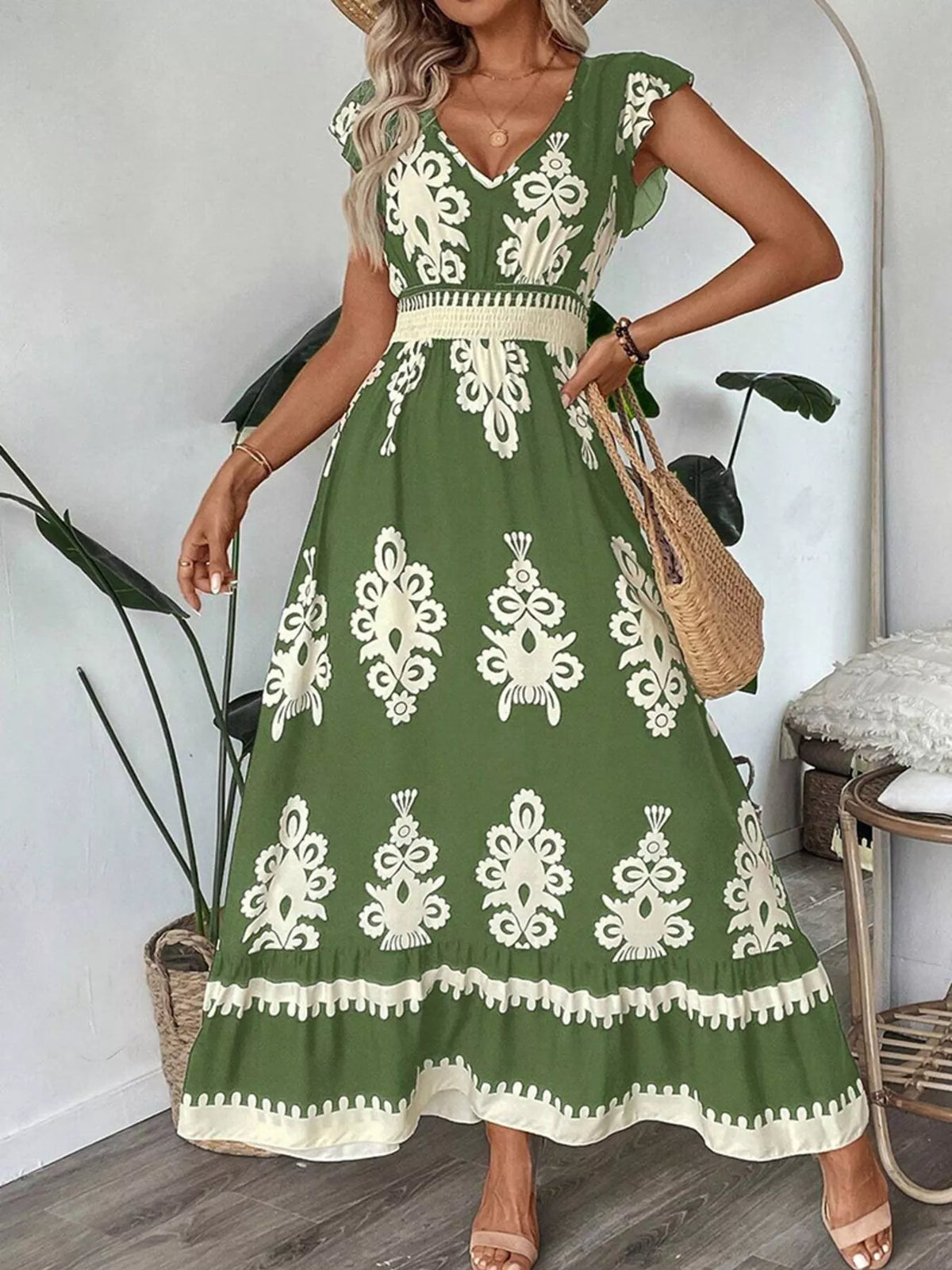 Printed Ruffle V-Neck Maxi Dress