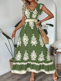 Printed Ruffle V-Neck Maxi Dress