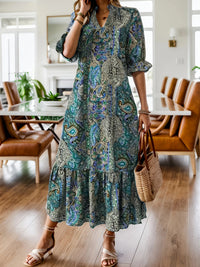 Boho Paisley Ruffle-Hem Midi Dress
