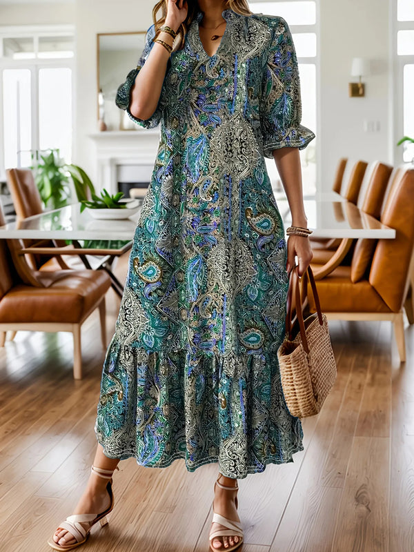 Boho Paisley Ruffle-Hem Midi Dress