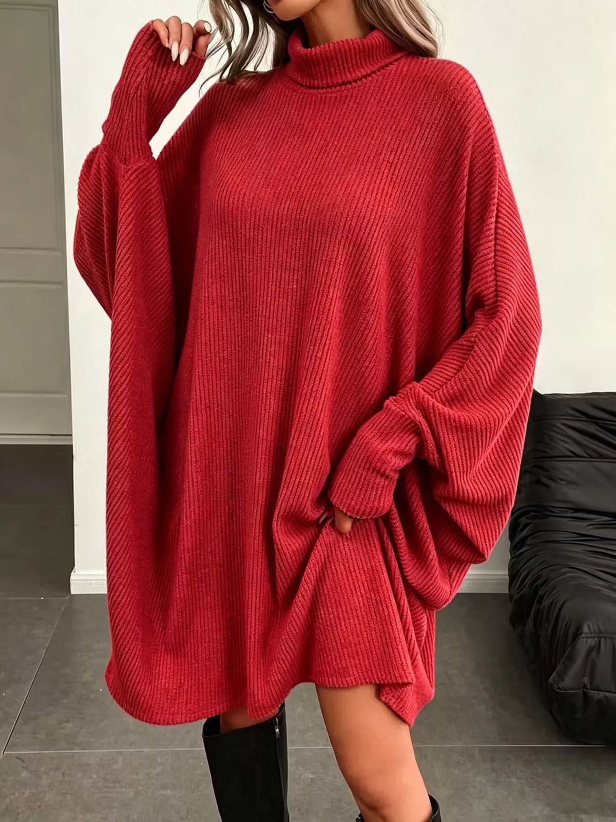 Oversized Ribbed Roll-Neck Jumper Dress