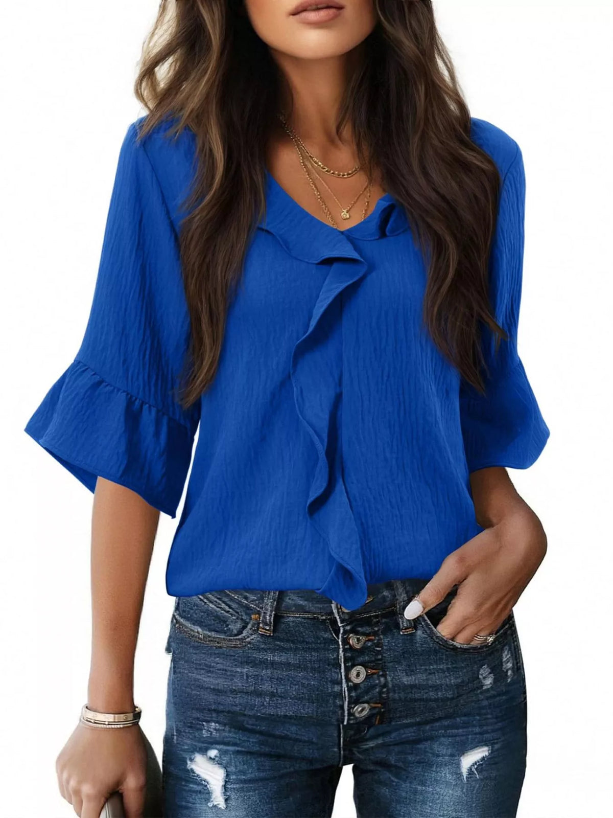 Champagne Ruffle V-Neck Blouse
