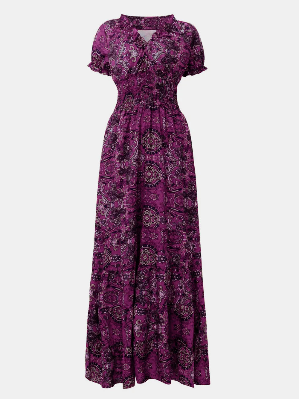 Smocked Printed V-Neck Maxi Dress