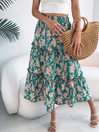 Midnight Floral Ruffle-Hem Midi Skirt