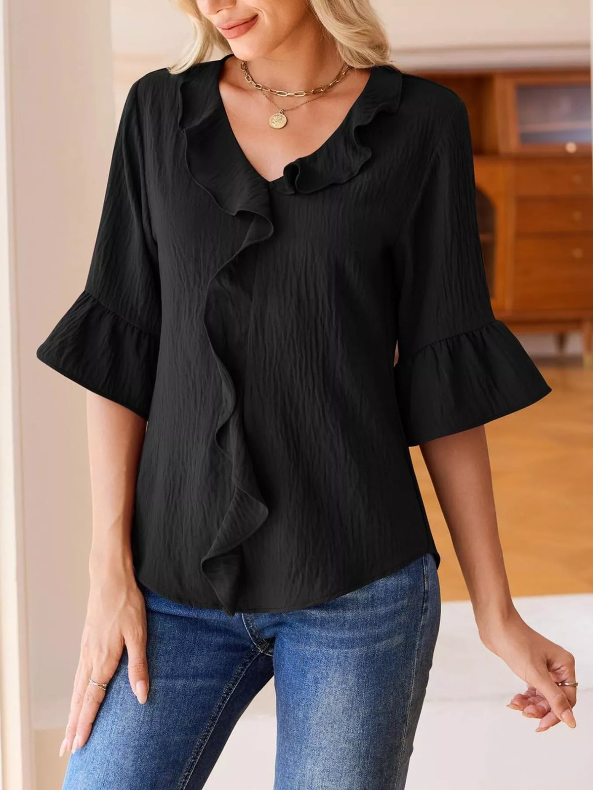 Champagne Ruffle V-Neck Blouse