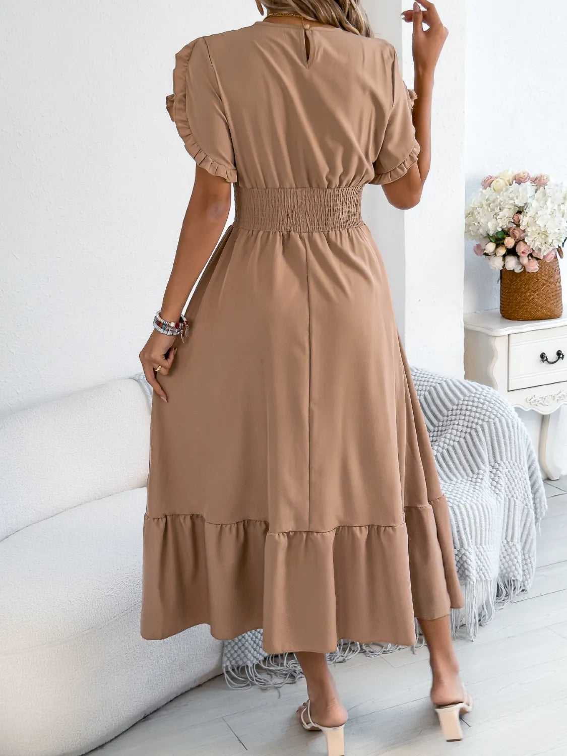 Smocked Frill-Neck Midi Dress