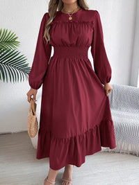 Balloon-Sleeve Tiered Smocked Maxi Dress