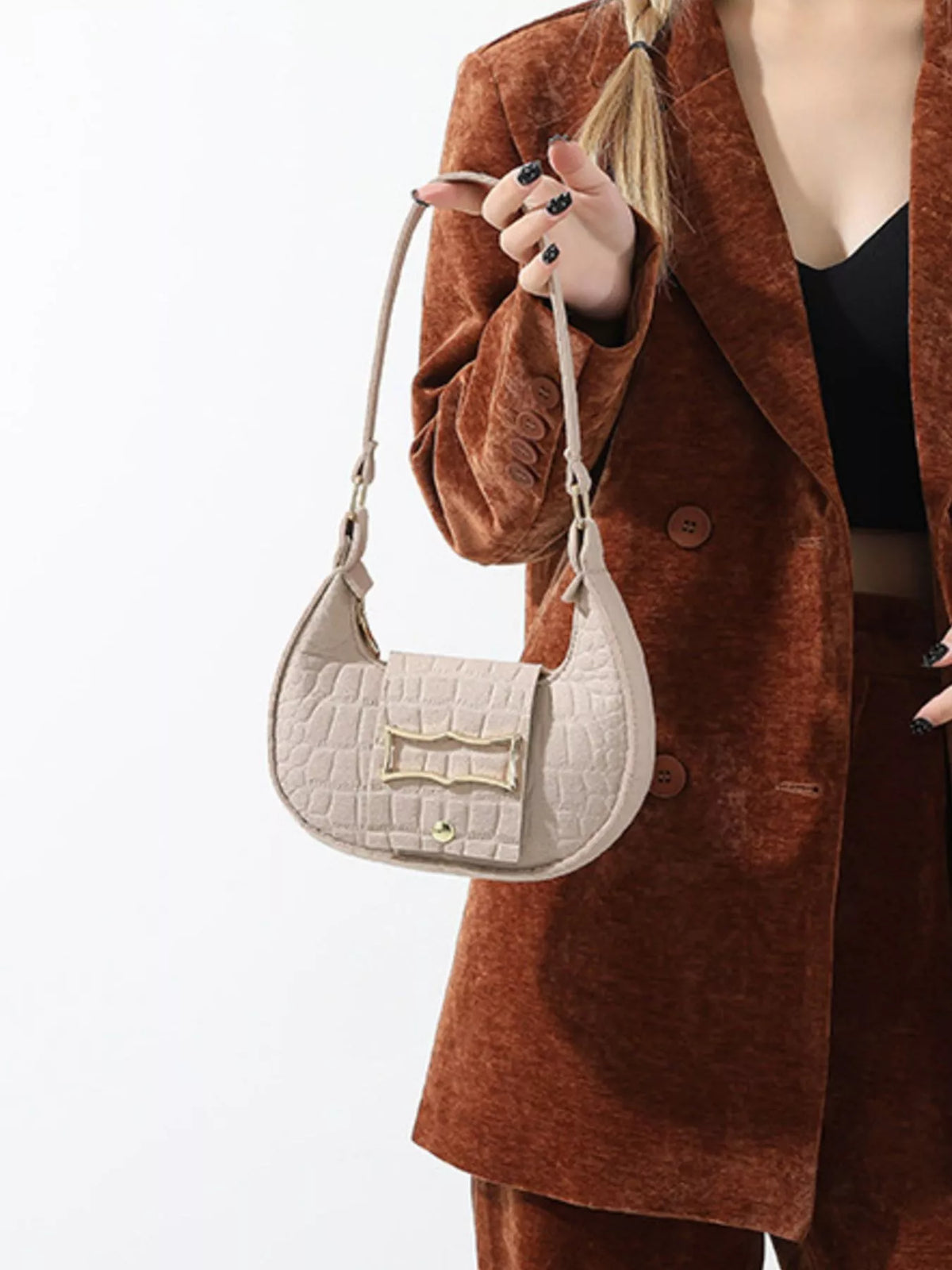 Croc-Effect Baguette Shoulder Bag