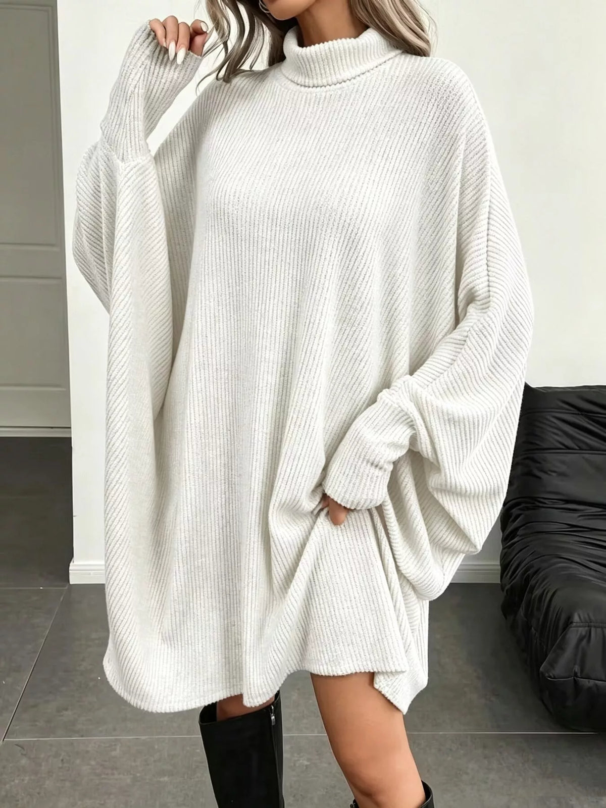 Oversized Ribbed Roll-Neck Jumper Dress