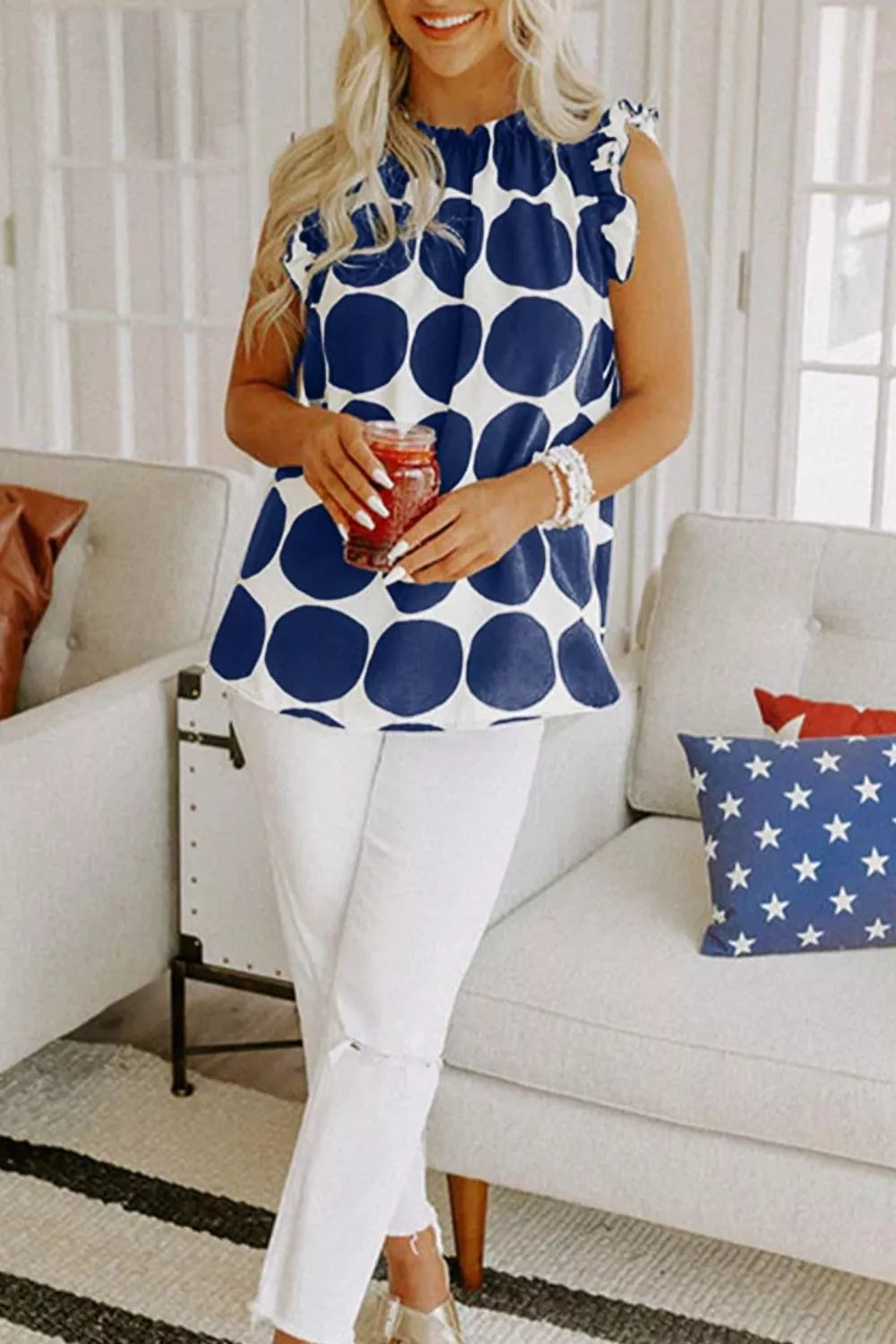 Navy Spot Ruffle-Neck Cami Top