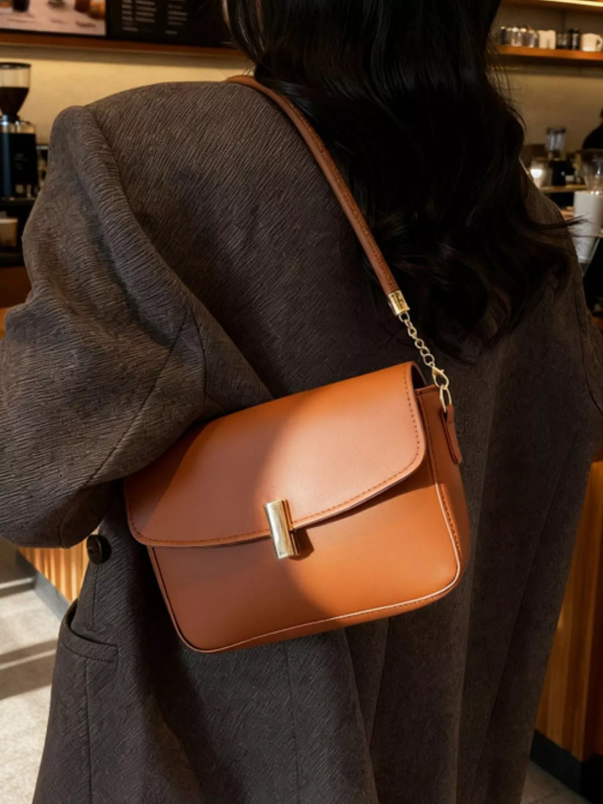 Tan Faux-Leather Flap Shoulder Bag