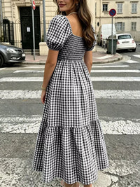Gingham Smocked Puff-Sleeve Midi Dress