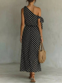 Polka Dot One-Shoulder Tie Maxi Dress