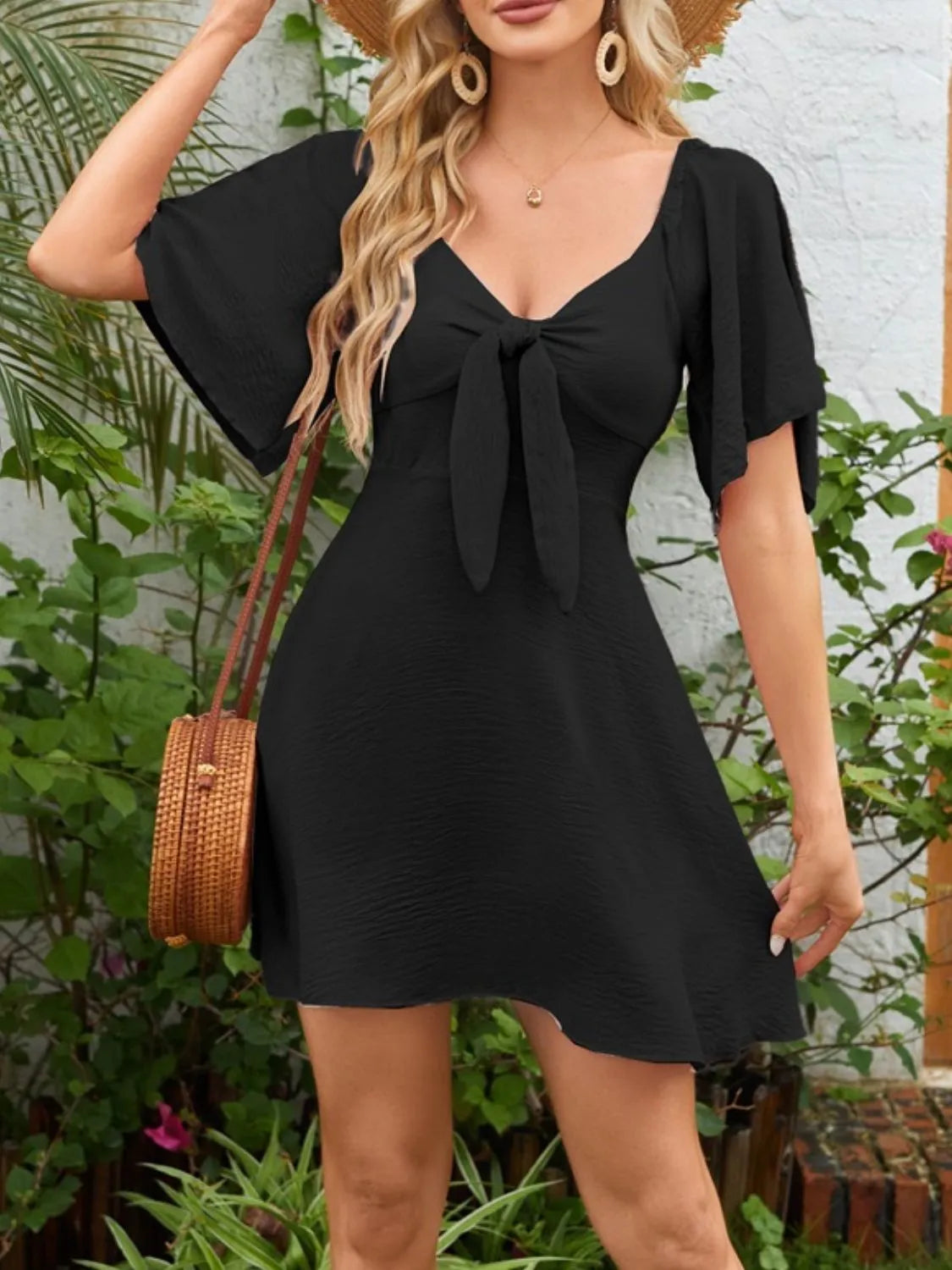Tie-Front Flutter-Sleeve Beach Dress