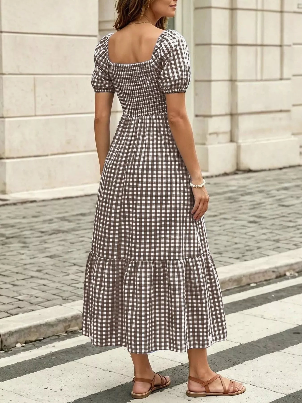 Gingham Smocked Puff-Sleeve Midi Dress