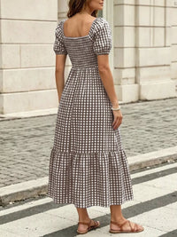 Gingham Smocked Puff-Sleeve Midi Dress