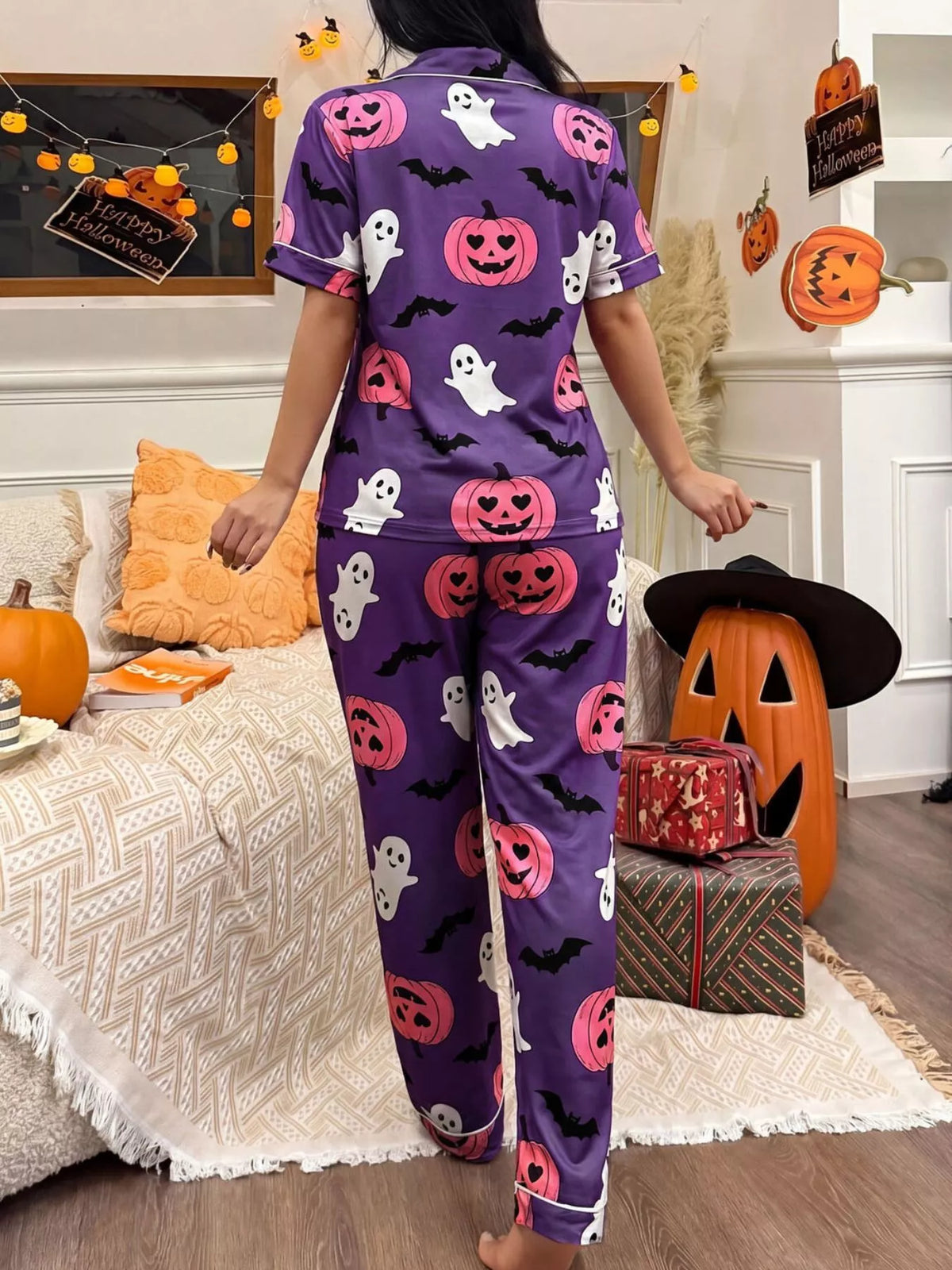 Pumpkin Print Button-Up Pyjama Set