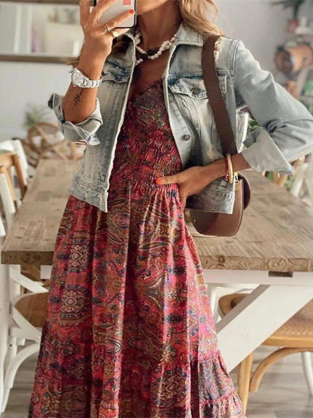 Smocked Printed V-Neck Maxi Dress