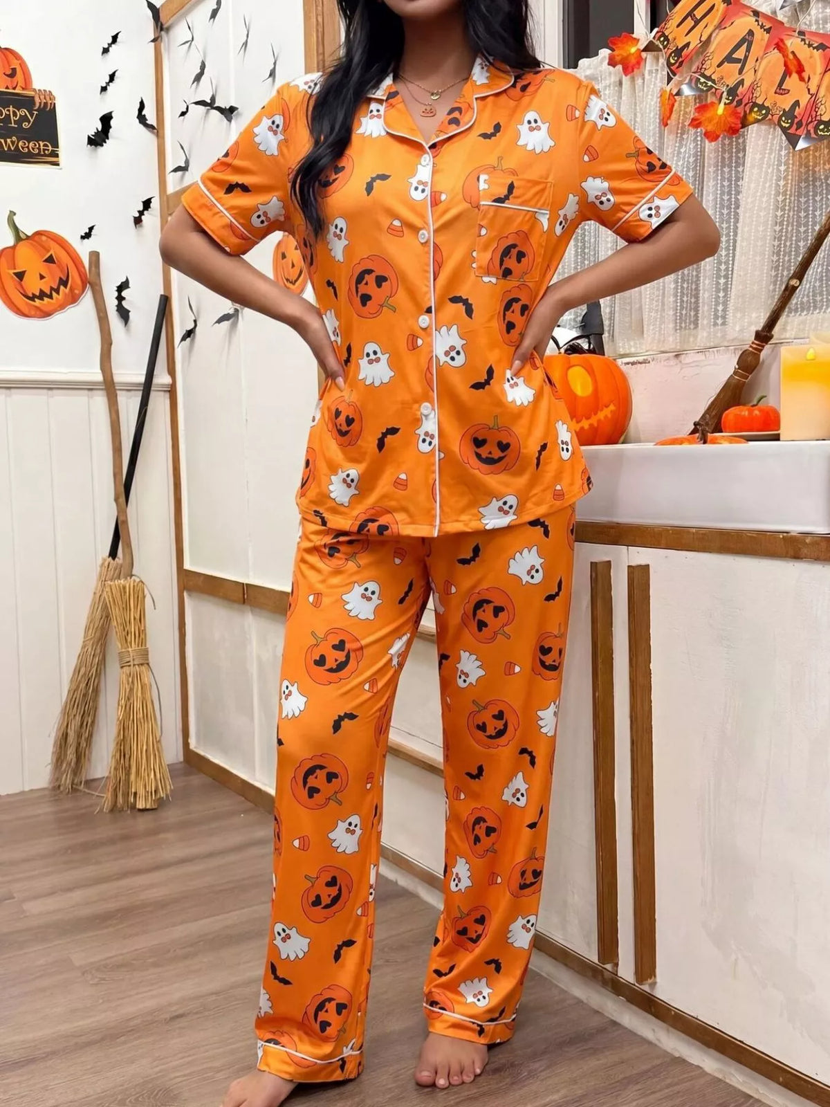Pumpkin Print Button-Up Pyjama Set