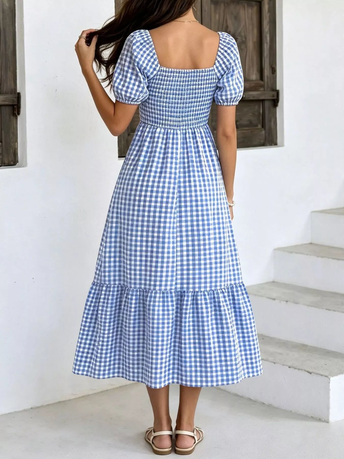 Gingham Smocked Puff-Sleeve Midi Dress