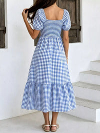 Gingham Smocked Puff-Sleeve Midi Dress