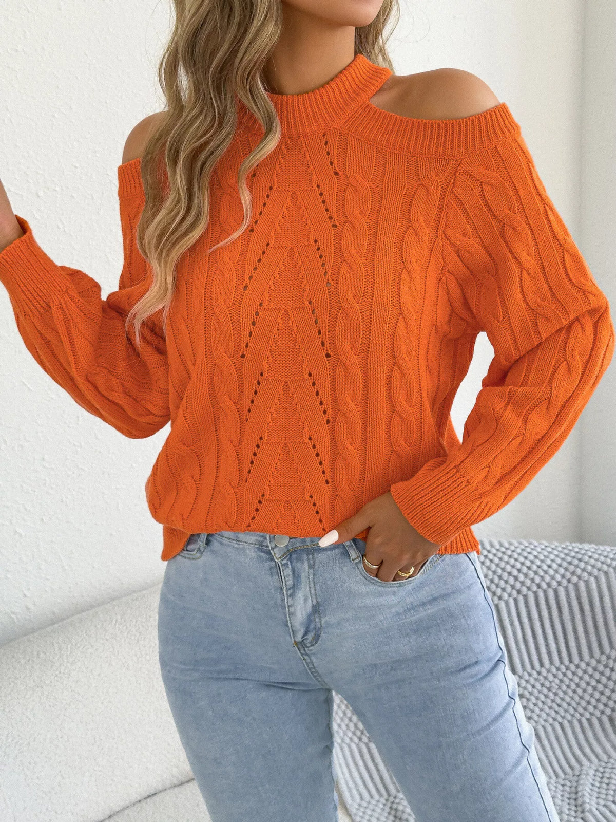 Cold-Shoulder Cable-Knit Jumper