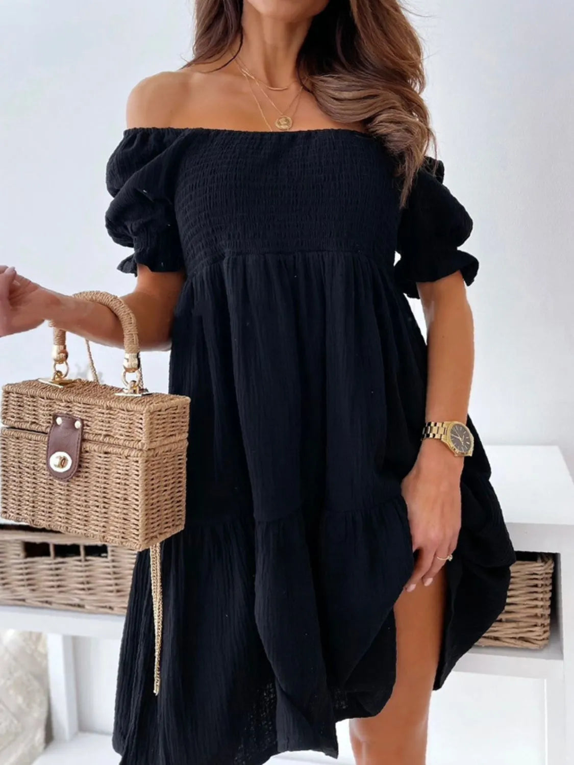 Bardot Smocked Off-Shoulder Mini Dress