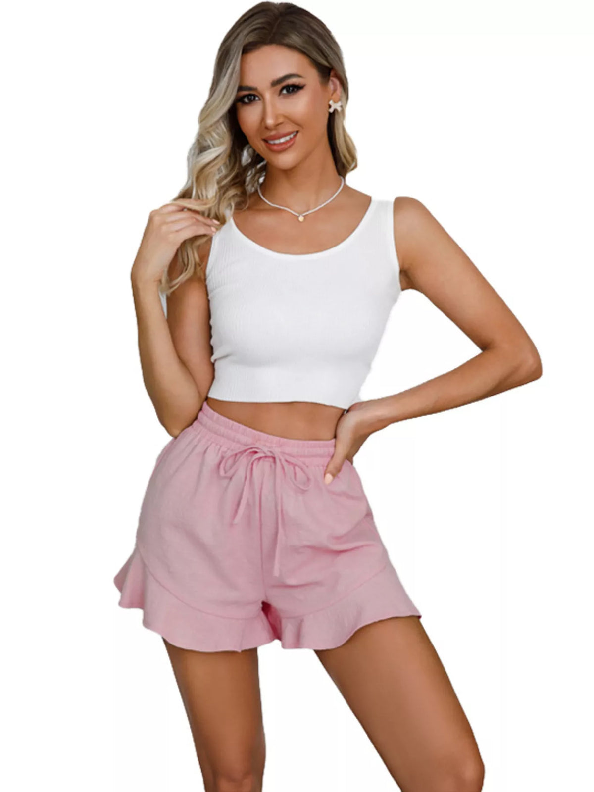 Blush Ruffle-Hem Drawstring Shorts