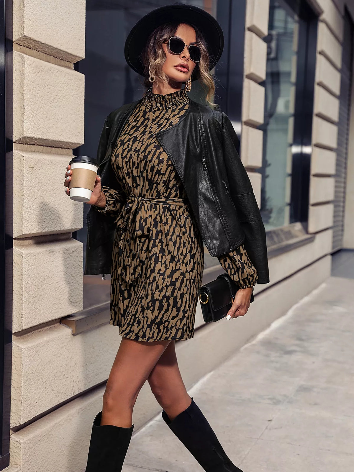 Autumn Leopard Tie-Waist Shirt Dress