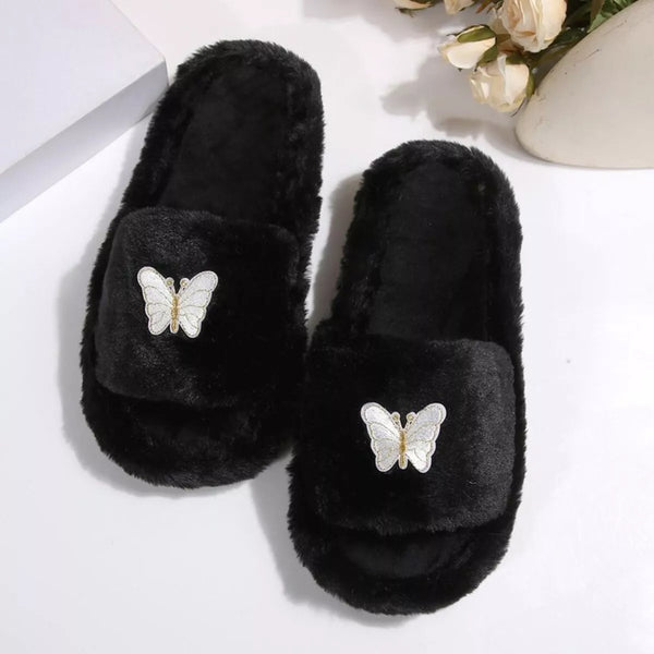 Butterfly Faux-Fur Slider Slippers