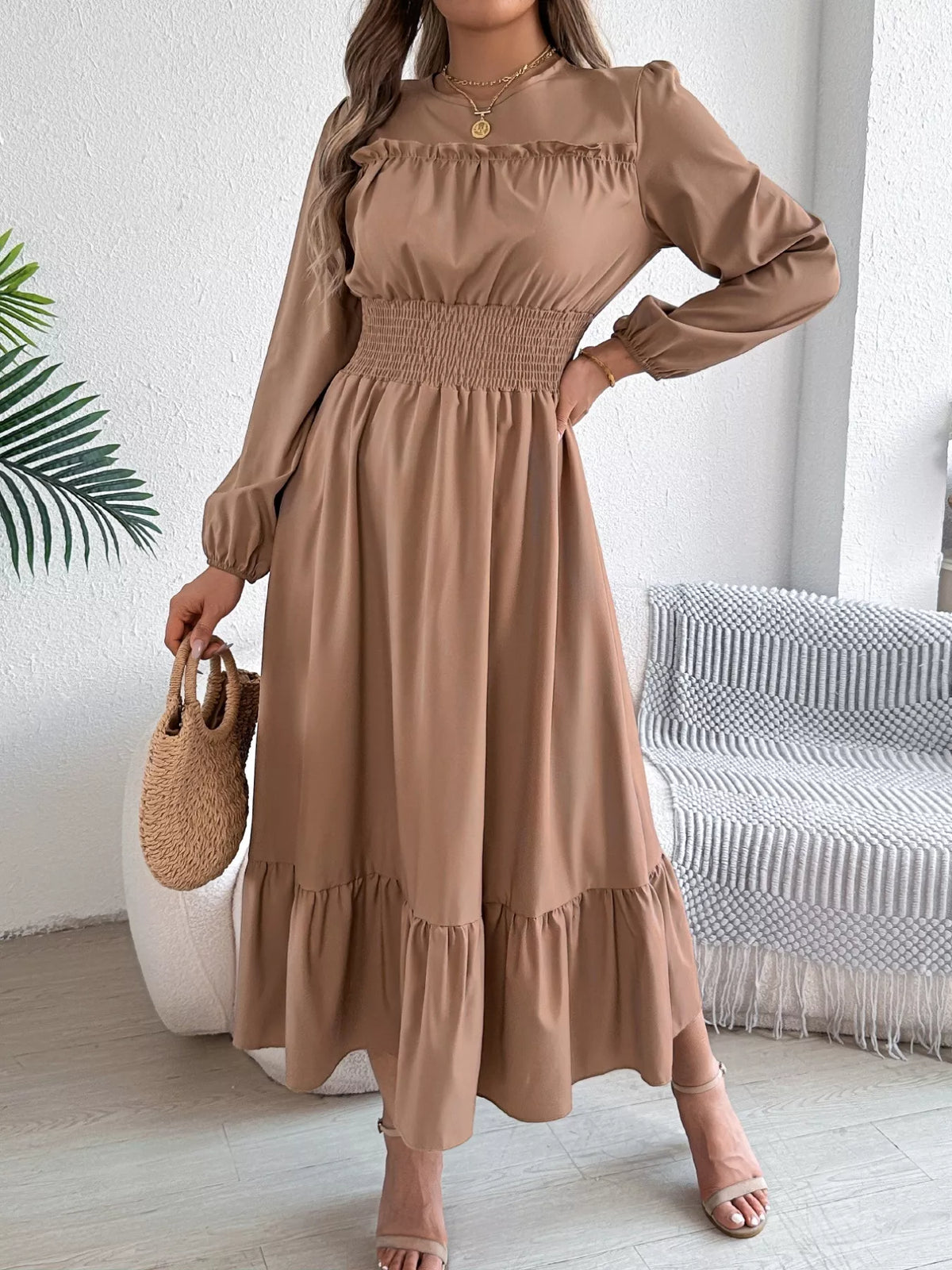 Balloon-Sleeve Tiered Smocked Maxi Dress