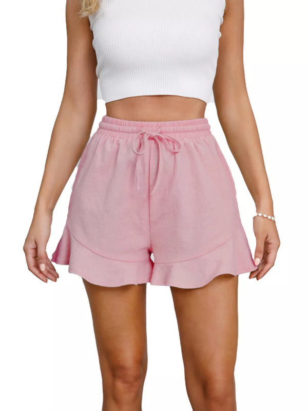 Blush Ruffle-Hem Drawstring Shorts