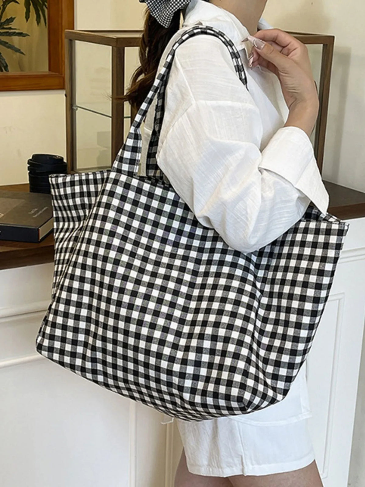 Gingham Canvas Shopper Tote