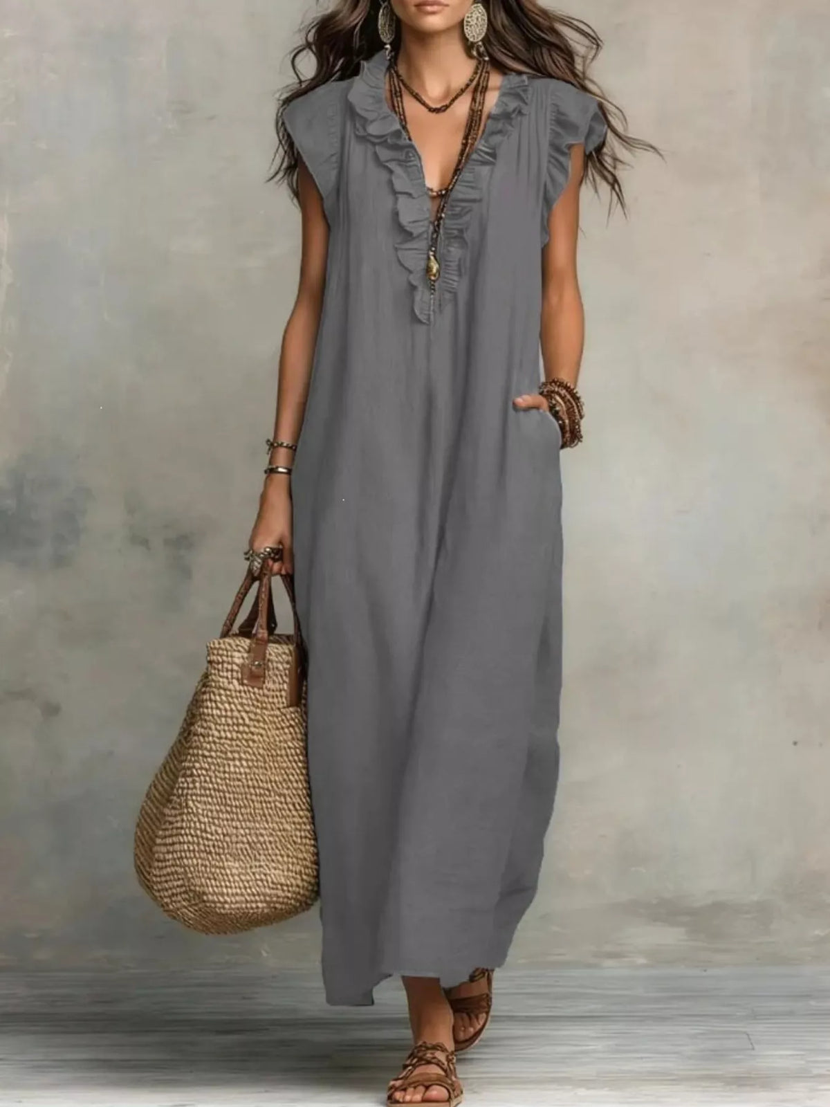 Ruffled Cap-Sleeve Maxi Dress with Pockets