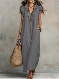 Ruffled Cap-Sleeve Maxi Dress with Pockets