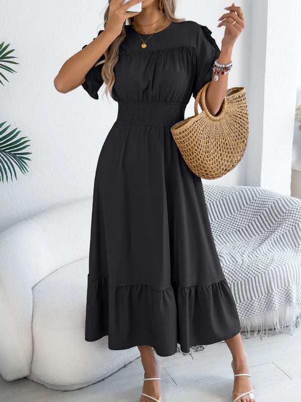 Smocked Frill-Neck Midi Dress