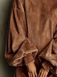 Ribbed High-Neck Lantern-Sleeve Mini Dress