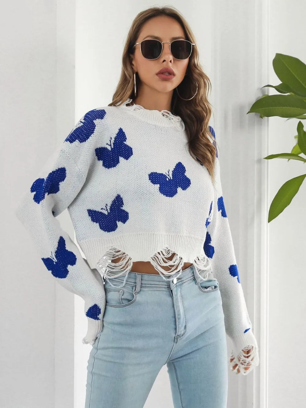 Butterfly Distressed Cropped Jumper