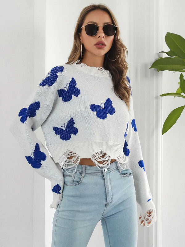 Butterfly Distressed Cropped Jumper