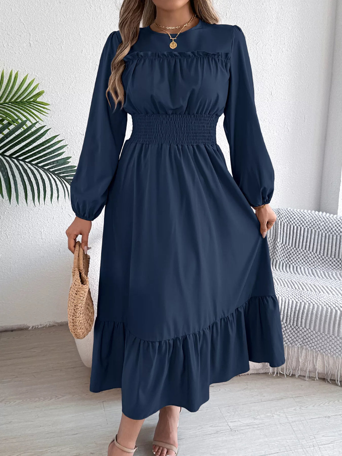 Balloon-Sleeve Tiered Smocked Maxi Dress