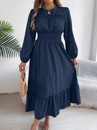 Balloon-Sleeve Tiered Smocked Maxi Dress
