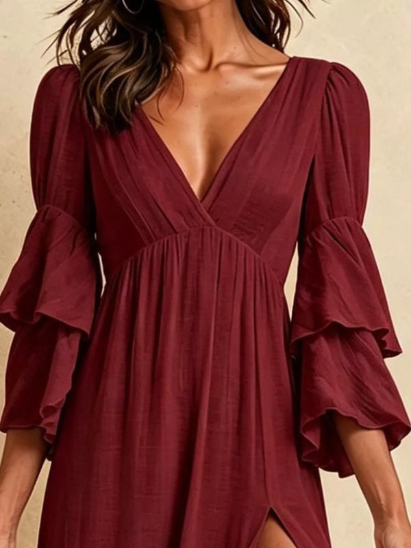 Thigh-Split Ruffle-Sleeve Maxi Dress