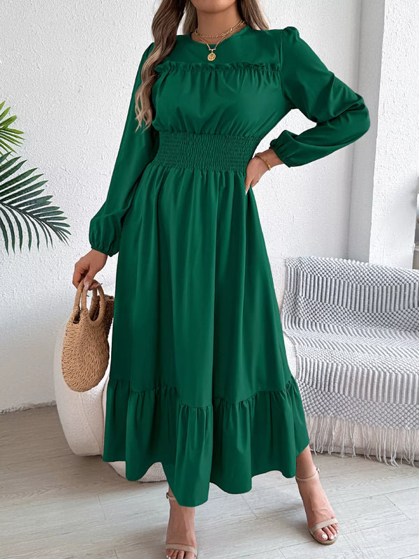 Balloon-Sleeve Tiered Smocked Maxi Dress