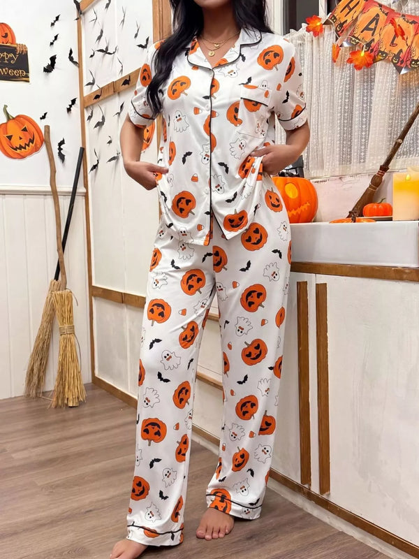 Pumpkin Print Button-Up Pyjama Set