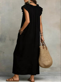 Ruffled Cap-Sleeve Maxi Dress with Pockets