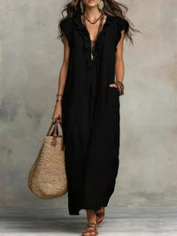 Ruffled Cap-Sleeve Maxi Dress with Pockets