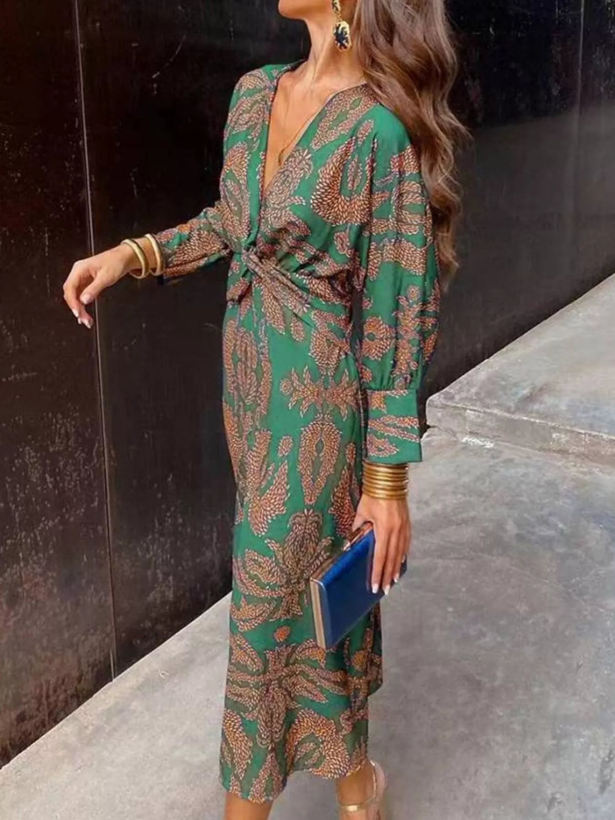 Printed Twist-Front Long-Sleeve Midi Dress