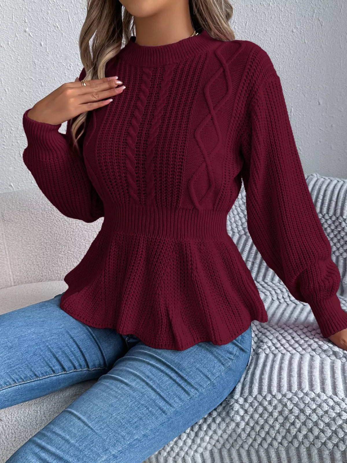 Crew-Neck Cable-Knit Peplum Jumper