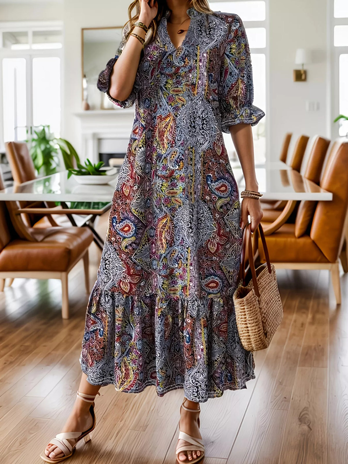 Boho Paisley Ruffle-Hem Midi Dress