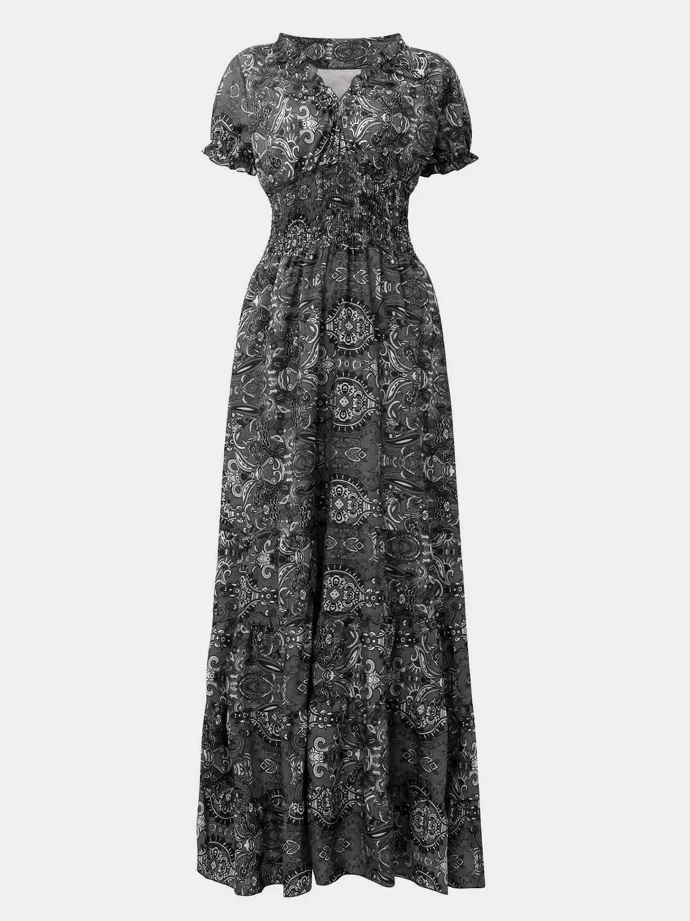 Smocked Printed V-Neck Maxi Dress